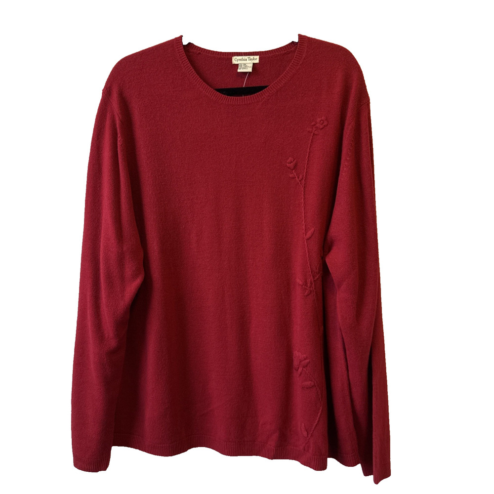 Cynthia Taylor Women’s‎ 3X Embroidered 3D Floral Cherry Red Sweater Cottagecore